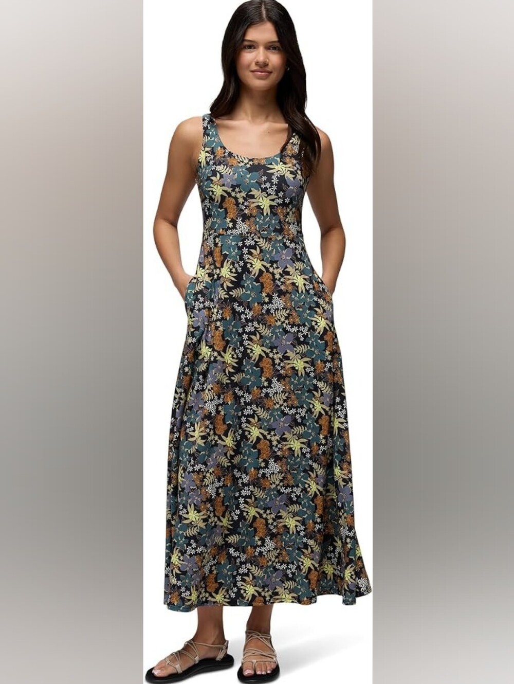 PrAna Corrinne Black Summer Nights Floral Print Built In Bra Maxi Dress Size M